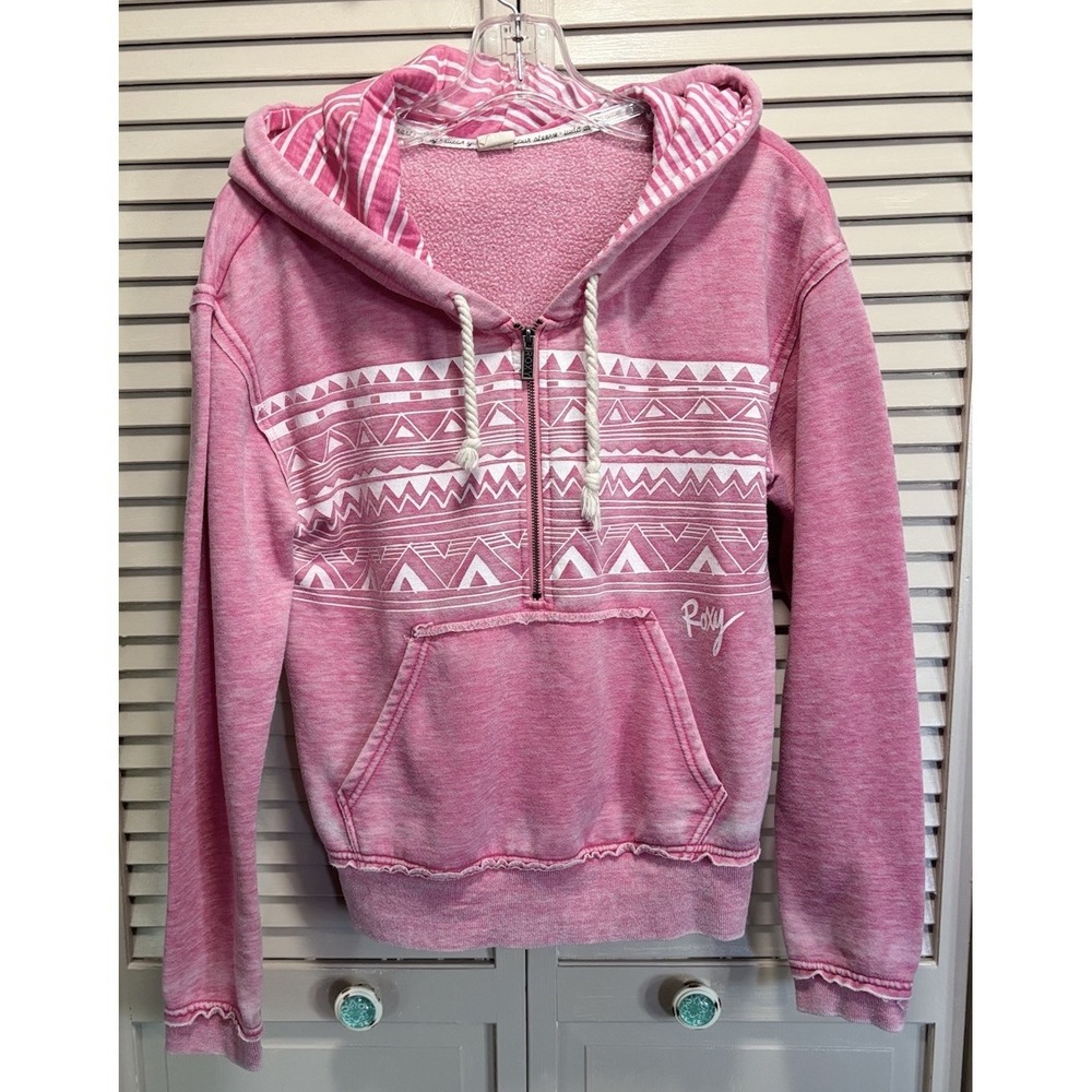 Vintage Roxy Pink Aztec Long Sleeve 1/2 Zip Up Jacket Size Sm‎ Hood